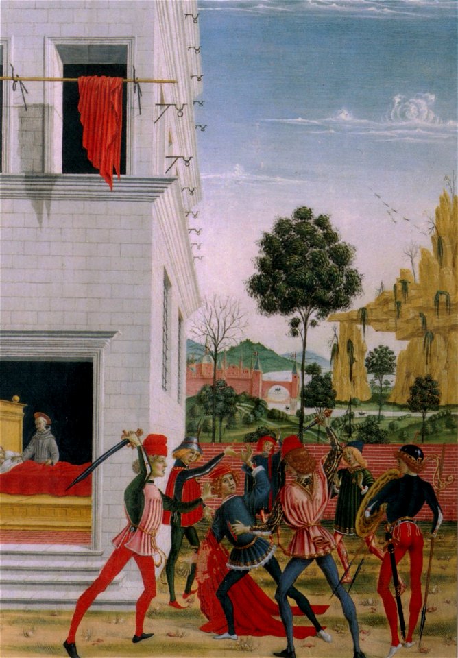 Tavolette di s. bernardino, 1473, san bernardino appare di notte a giov.antonio tornato ferito in un agguato e lo risana
