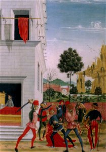 Tavolette di s. bernardino, 1473, san bernardino appare di notte a giov.antonio tornato ferito in un agguato e lo risana