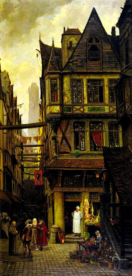 A Street Scene in Old Paris (Hostellerie de Trois Barbeaux) by Jules Tavernier