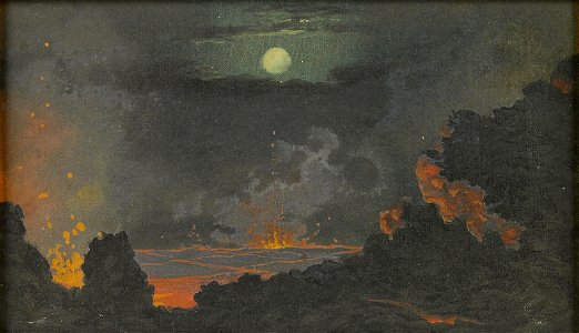 Jules Tavernier - The heart of a volcano under a full moon, 1888. Free illustration for personal and commercial use.