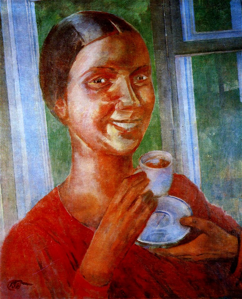 Tea drinking by Petrov-Vodkin (1926, Nikolaev)