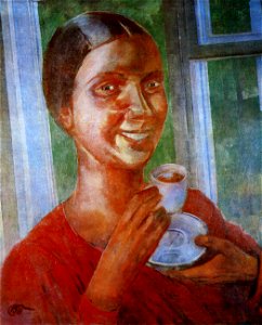 Tea drinking by Petrov-Vodkin (1926, Nikolaev)