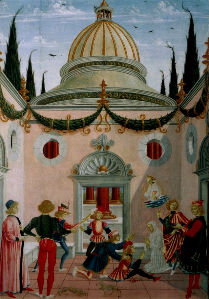 Tavolette di s. bernardino, 1473, s.bernardino risana giovanni antonio da parma ferito con la pala