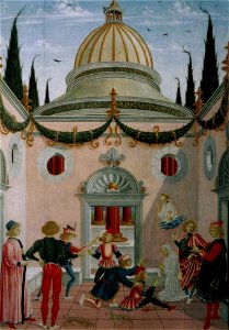 Tavolette di s. bernardino, 1473, s.bernardino risana giovanni antonio da parma ferito con la pala