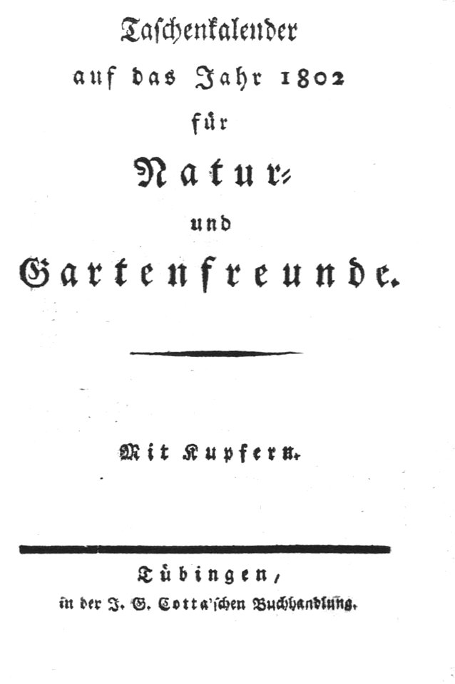 Taschenkalender auf das Jahr 1802 für Natur- und Gartenfreunde, Titelblatt