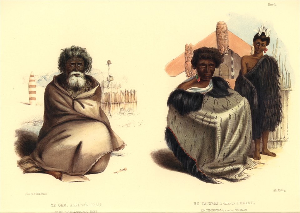 TE OHU, A HEATHEN PRIEST OF THE NGATIMANIAPOTO TRIBE, AHUAHU. KO TAUWAKI, A CHIEF OF TUKANU, KO TEONIONGA, A BOY OF TE RAPA, TAUPO LAKE, The New Zealanders Illustrated, 1847