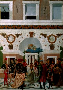 Tavolette di s. bernardino, 1473, san bernardino p.mortem ridona la vista a un cieco (pinturicchio)