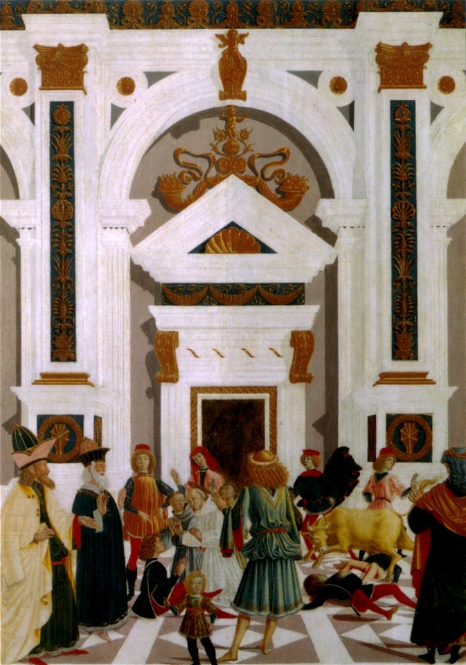 Tavolette di s. bernardino, 1473, san bernardino guarisce nicola di lorenzo da prato travolto da un toro