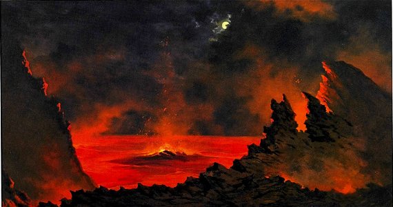 Jules Tavernier (1844-1889) - 'Volcano at Night', ca. 1880s, oil on canvas, 19 x 36 in
