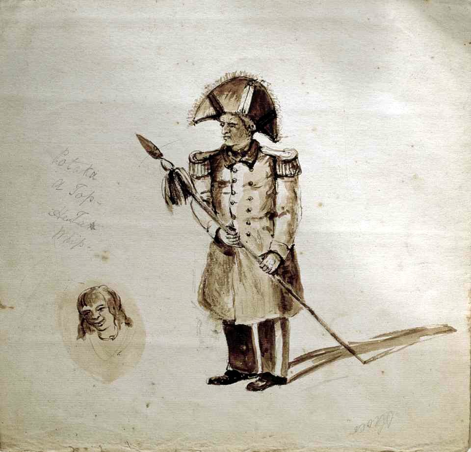 Te Rauparaha wearing a cocked hat and tunic, sepia wash over pencil by Richard Aldworth Oliver