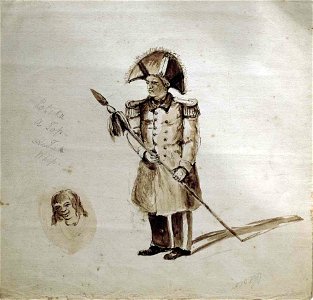 Te Rauparaha wearing a cocked hat and tunic, sepia wash over pencil by Richard Aldworth Oliver