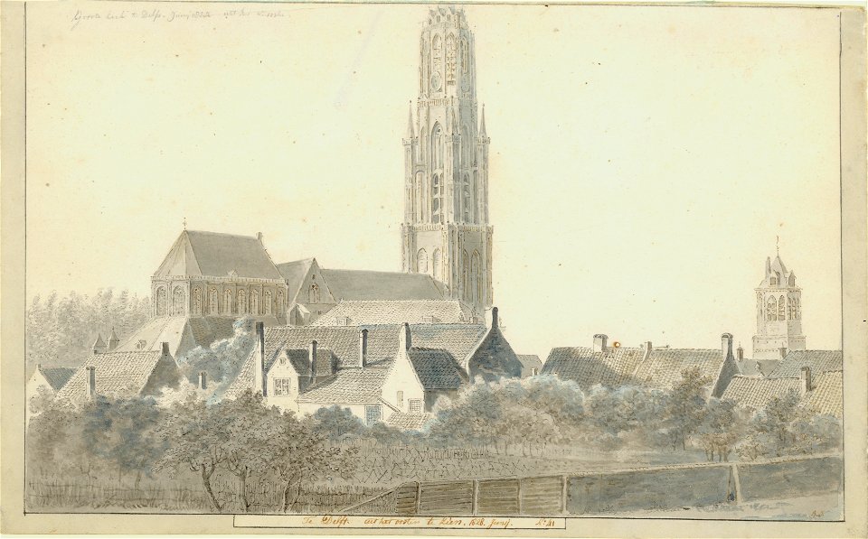 Te Delft uit het oosten te zien, 1828 junij , Balthasar Jooss, SA Delft, inv.nr. 68301