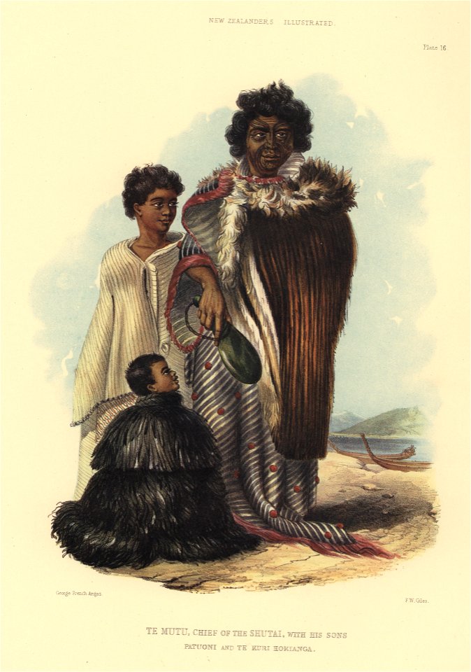 TE MUTU, CHIEF OF THE IHUTAI WITH HIS SONS PATUONI AND TE KURI HOKIANGA, The New Zealanders Illustrated, 1847