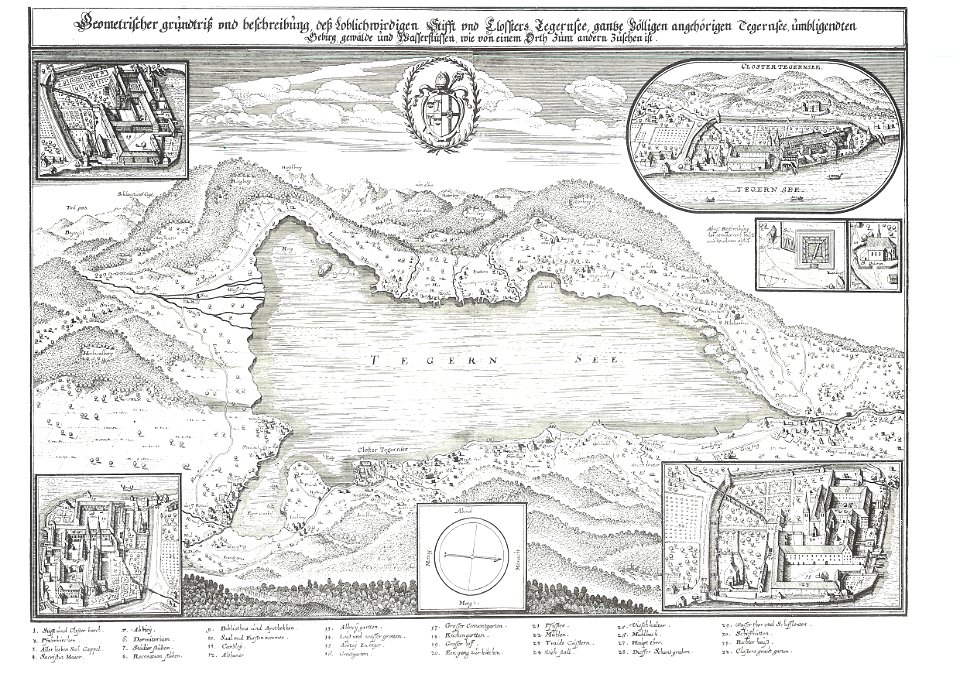 Tegernsee mit Kloster Kupferstich von Merian 1644