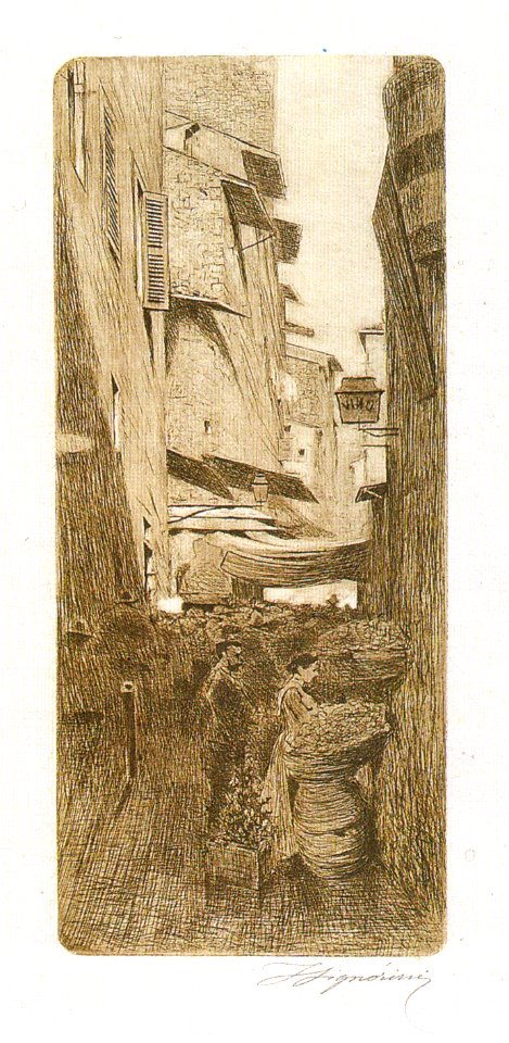 Telemaco Signorini acquaforte, Via degli Speziali in estate, 1874