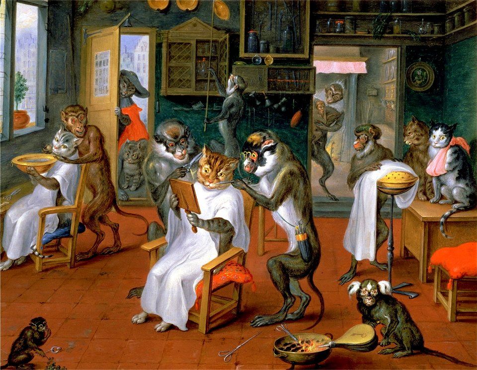Abraham Teniers - Kapperszaak met apen en katten