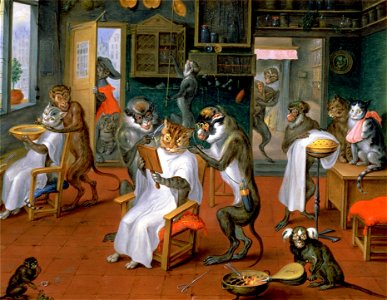 Abraham Teniers - Kapperszaak met apen en katten