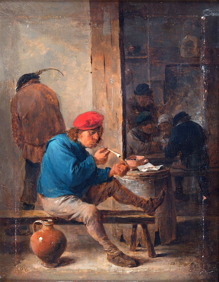Tavern interior with peasant lighting his pipe. by David Teniers (II)