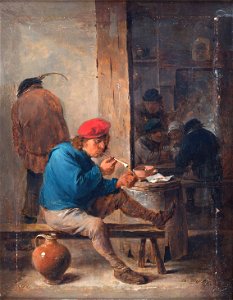 Tavern interior with peasant lighting his pipe. by David Teniers (II)