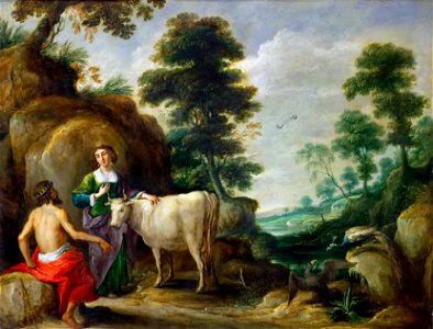 David Teniers I - Io, transformed into a cow, is handed to Juno by Jupiter. Free illustration for personal and commercial use.