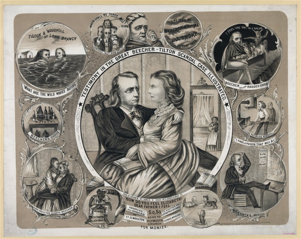 Testimony in the great Beecher-Tilton scandal case illustrated - des. & drawn by James E. Cook 46 Desplaines St. ; Commercial Lith. Co. 180 Clark St. LCCN99400533