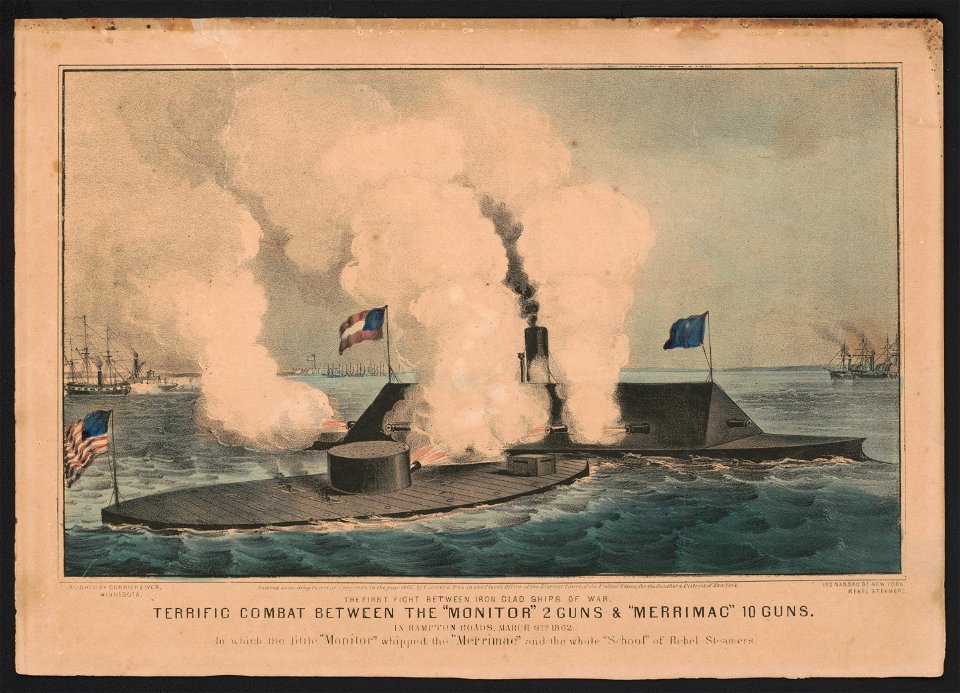 Terrific combat between the Monitor 2 guns & Merrimac 10 guns The first fight between iron clad ships of war, in Hampton Roads, March 9th 1862, in which the little Monitor whipped the LCCN90710608