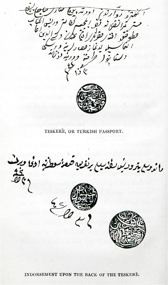 Teskeré, or Turkish passport Indorsement upon the back of the Teskeré - Frankland Charles Colville - 1829