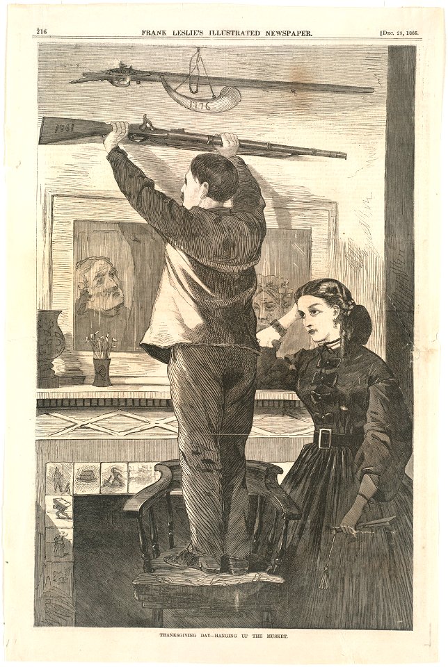 Thanksgiving Day -- Hanging up the musket (Boston Public Library)