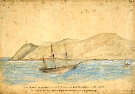 The Cuba at anchor, in a N.W. breeze, at Port Nicholson heads, 1840 A-144-003