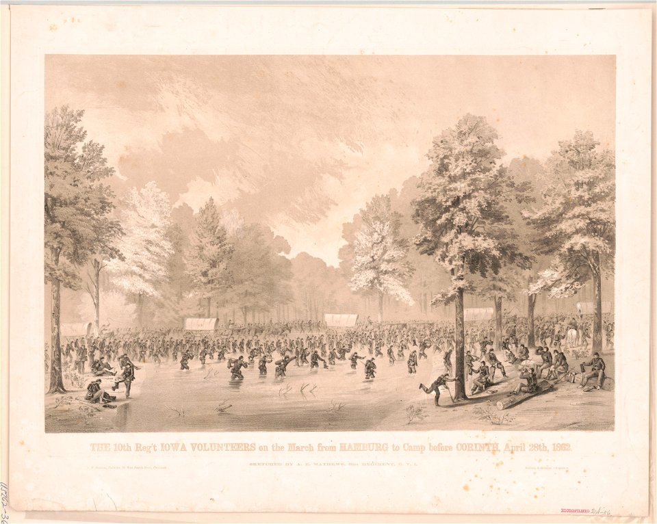 The 10th Reg't Iowa Volunteers on the march from Hamburg to camp before Corinth, April 28th 1862 - sketched by A.E. Mathews, 31st Reg't O.V.I. ; Middleton & Strobridge lithographers. LCCN2013645281