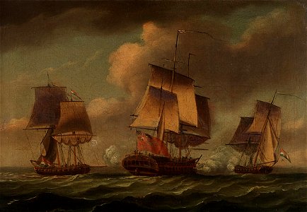 The 'Artois' capturing two Dutch privateers, 3 December 1781 RMG BHC0435. Free illustration for personal and commercial use.