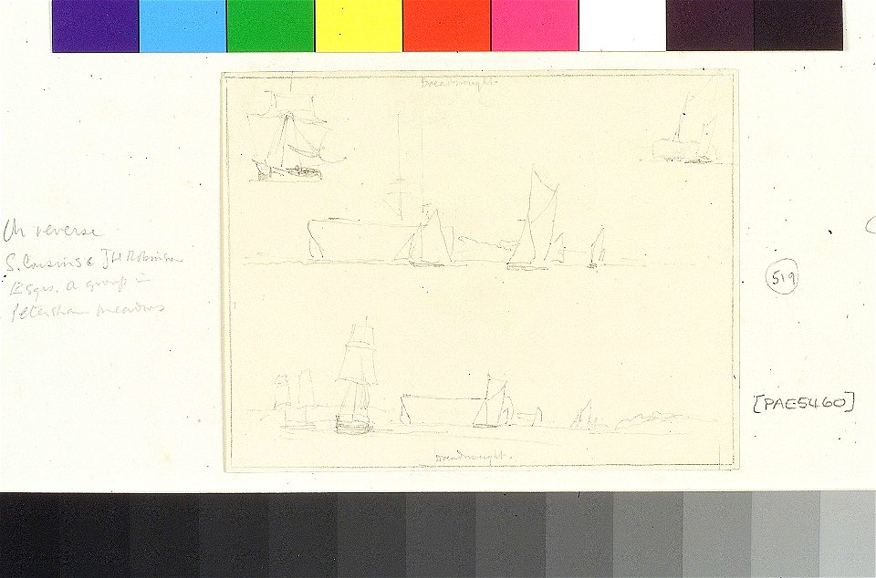 The 'Dreadnought', with barges and other vessels, possibly in the Thames at Greenwich, and with a sketch of S. Cousins and J. H. Robinson on the reverse RMG PV5460