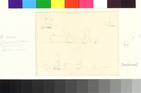 The 'Dreadnought', with barges and other vessels, possibly in the Thames at Greenwich, and with a sketch of S. Cousins and J. H. Robinson on the reverse RMG PV5460