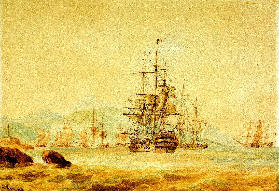 The 'Agamemnon' cuts out French vessels from Port Maurice, near Oneglia, 1 June 1796 RMG PW5874