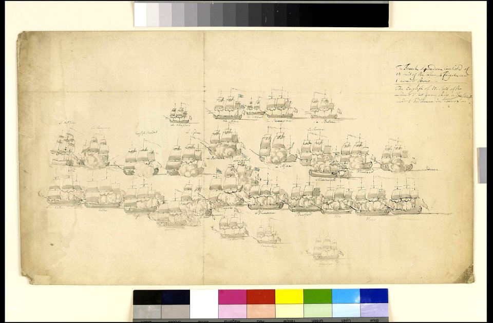 The 'Monmouth' disabled and in danger of being taken by the French 'Providien' near Trincomalee, April 1782 RMG PY5244