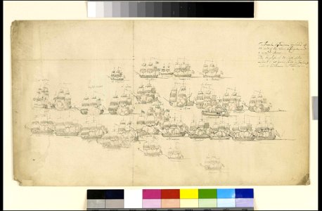 The 'Monmouth' disabled and in danger of being taken by the French 'Providien' near Trincomalee, April 1782 RMG PY5244