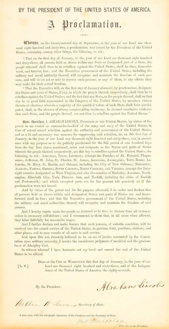 THE AUTHORIZED EDITION OF THE EMANCIPATION PROCLAMATION, SIGNED BY PRESIDENT ABRAHAM LINCOLN