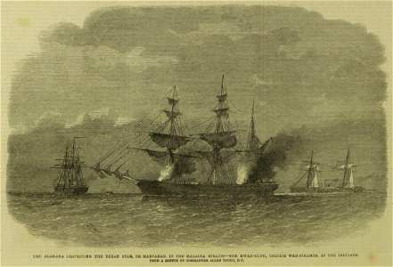 The Alabama destroying the Texan Star, or Martaban, in the Malacca Straits, the Kwan-Tung, Chinese War-Steamer, in the Distance - ILN 1864. Free illustration for personal and commercial use.