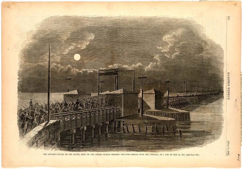 The advance guard of the Grand Army of the United States crossing the Long Bridge over the Potomac, at 2 A.M. on May 24, 1861 (Boston Public Library)