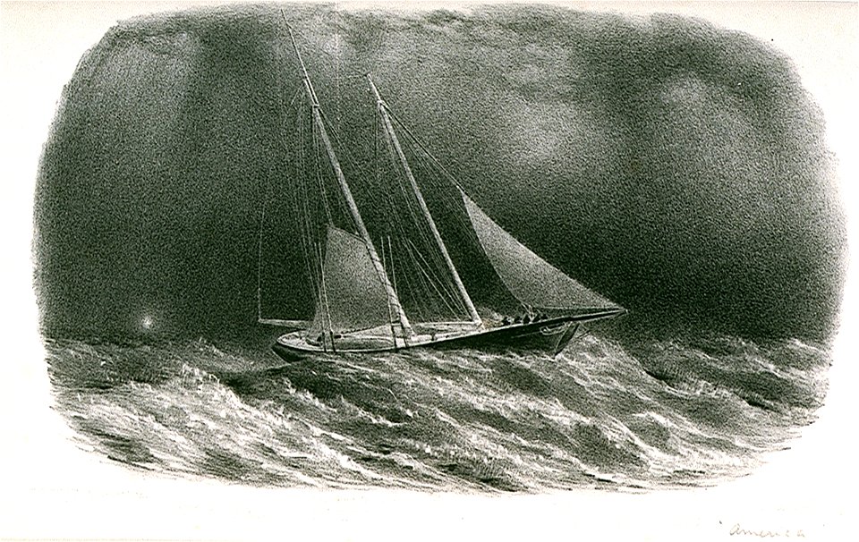 The America Hove-to off Valetta, Feb 2nd 1852. Published in Hunt's Yachting Magazine Sep 1852 RMG PU6543