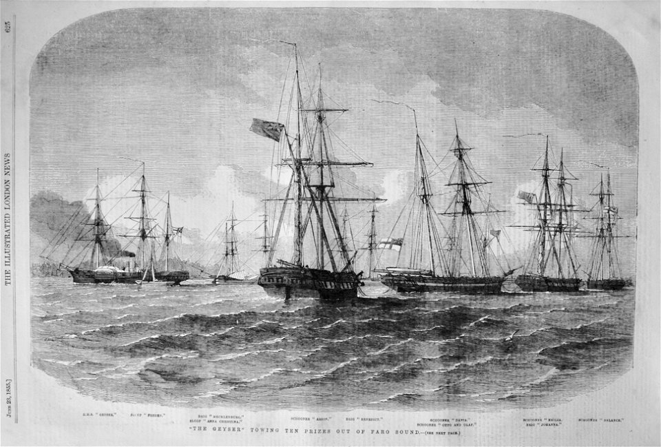 The 'Geyser' Towing Ten Prizes out of Faro Sound, 1855 - ILN 1855