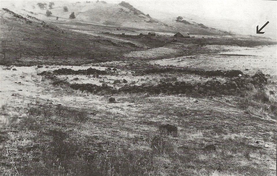 The actual old Stone Corral with the arrow pointing to the area where Evans and Sontag came out of the mountains. Free illustration for personal and commercial use.