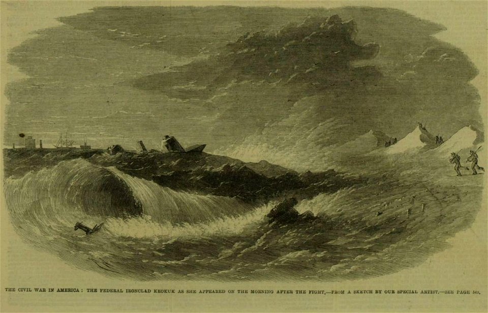 The Civil War in America - The Federal Ironclad Keokuk as she appeared the morning after the fight - ILN 1863 (cropped)