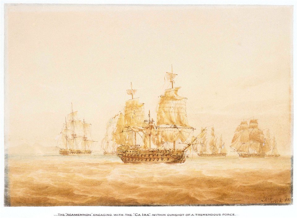 The 'Agamemnon' engaging four French frigates and a brig near Sardinia, 27 October 1793 RMG PW5873
