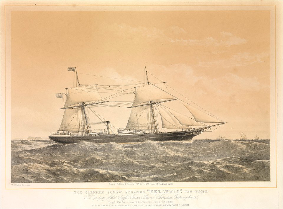 The Clipper Screw Steamer Hellenis, 755 Tons. The property of the Anglo Ionian Steam Navigation Company limited RMG S0366