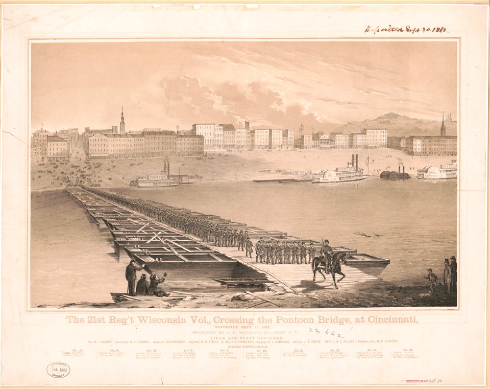 The 21st Reg't Wisconsin Vol., crossing the pontoon bridge, at Cincinnati, Saturday, Sept. 13, 1862 - sketched by A.E. Mathews, 31st Reg't. O.V. LCCN2008675450
