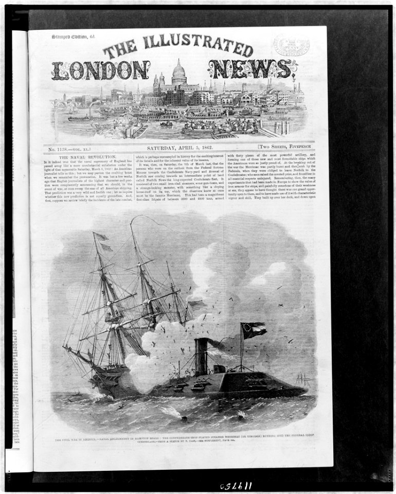 The Civil War in America-Naval engagement in Hampton Roads- the Confederate iron-plated steamer Merrimac (or Virginia) running into the Federal sloop Cumberland - from a sketch by T. Nast. LCCN98502403