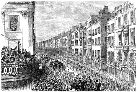 The Civic Authorities in the Duke of Wellington's funeral procession passing down Fleet Street, London & the offices of 'Punch'