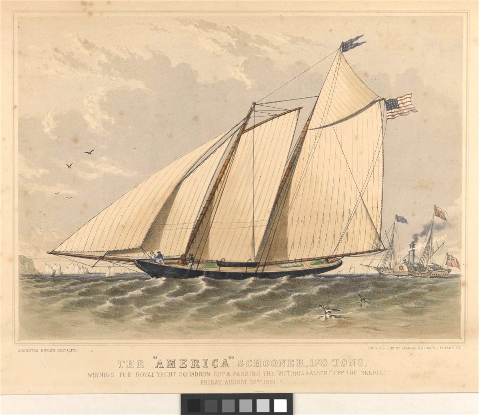 The America Schooner, 170 Tons, winning the Royal Yacht Squadron Cup and passing the Victoria and Albert off the Needles, Friday August 22nd 1851 RMG PY0478