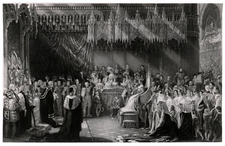 The Coronation of Queen Victoria, 28 June 1838' (Queen Victoria) by Sir George Hayter. Free illustration for personal and commercial use.